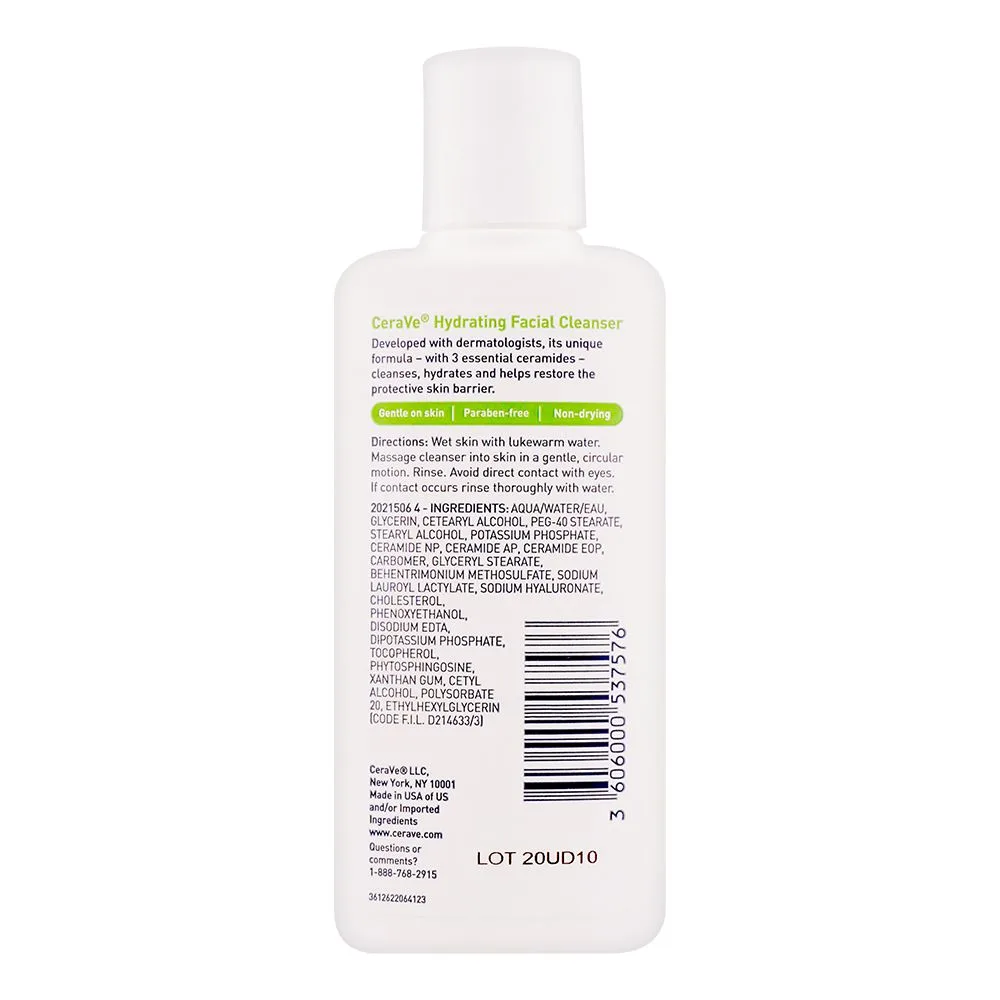 Side view of cerave hydrating facial cleanser, moisture balance, for normal to dry skin, 87ml