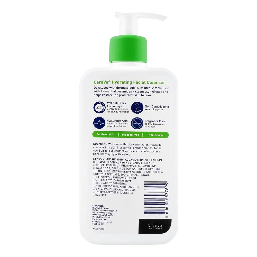 Side view of cerave hydrating facial cleanser, normal to dry skin, 355ml