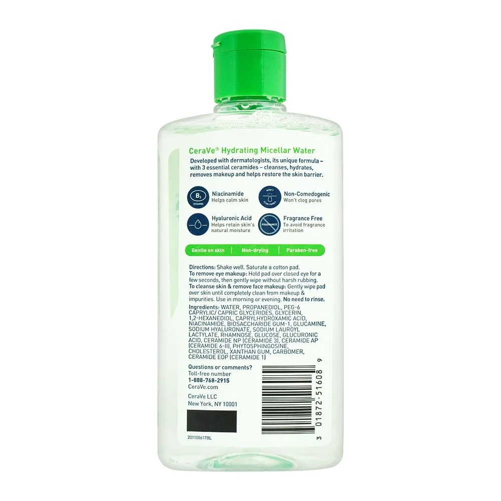 Side view of cerave hydrating micellar water ultra gentle cleanser, 296ml