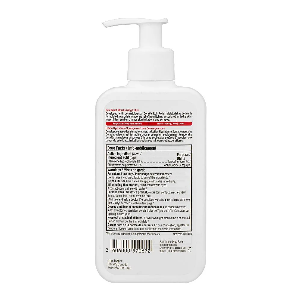 Side view of cerave itch relief moisturizing lotion, 237ml