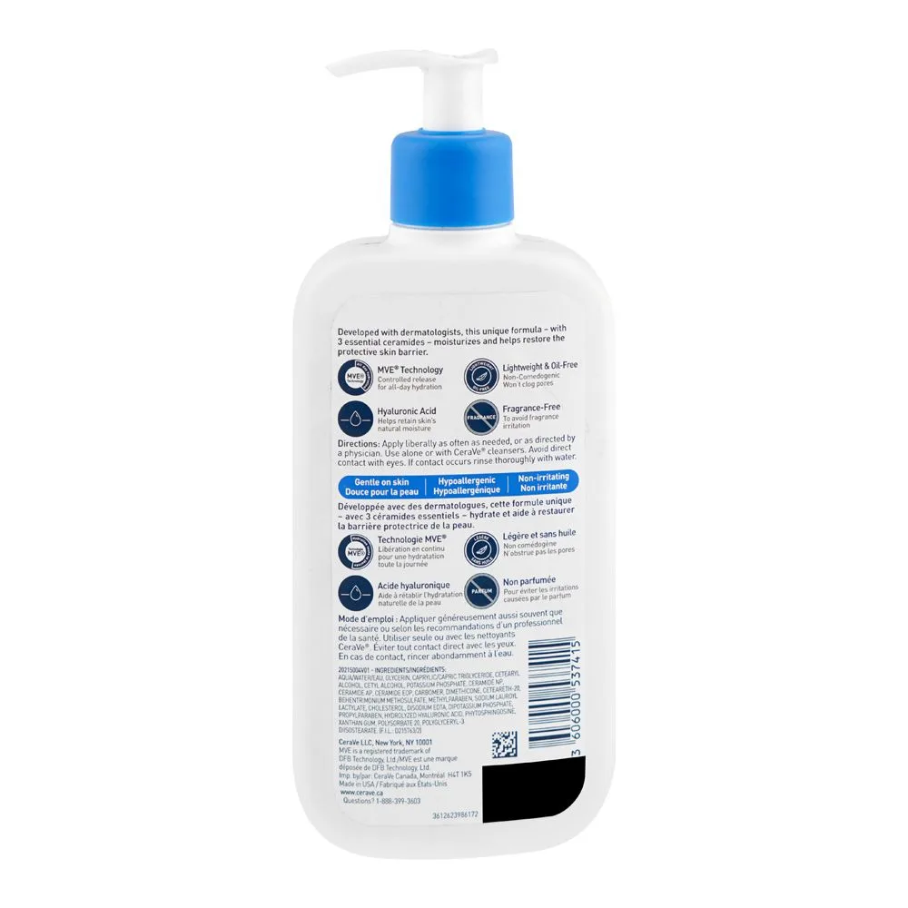 Side view of cerave moisturizing lotion, lightweight, non-greasy hydration, for normal to dry skin, 355ml