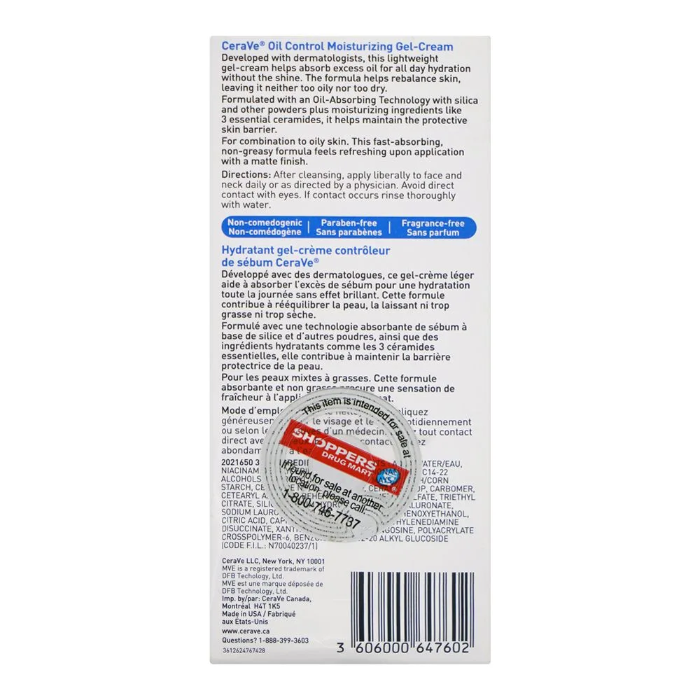 Side view of cerave oil control moisturising gel cream, paraben & fragrance free, niacinamide, hyaluronic acid, for dry skin, 59ml