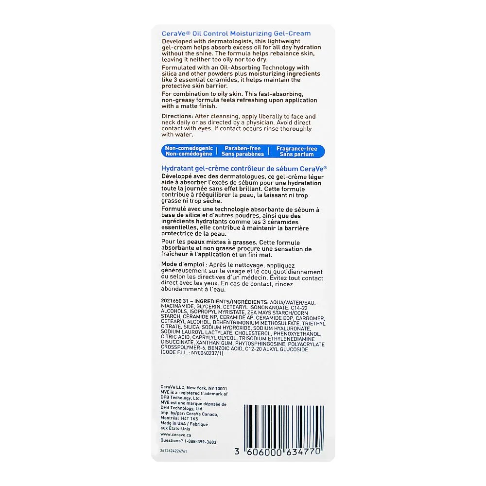 Comfortable casual cerave oil control moisturising gel cream, paraben free, niacinamide, hyaluronic acid, 89ml