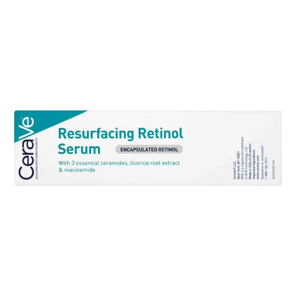 Side view of cerave resurfacing retinol serum, for post-acne skin, 30ml