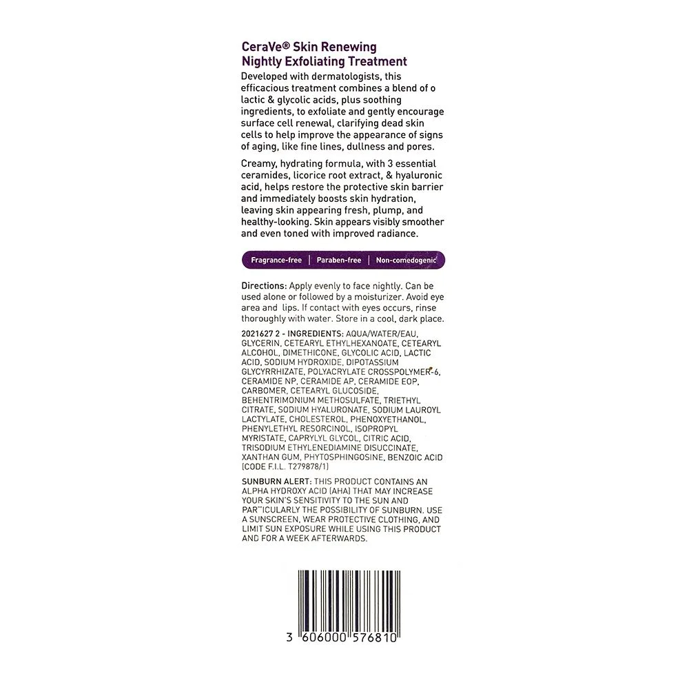 Side view of cerave skin renewing nightly exfoliating treatment, 50ml