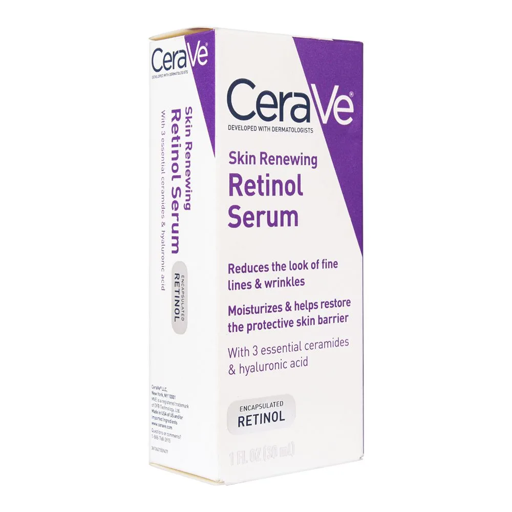 Side view of cerave skin renewing retinol serum, 30ml