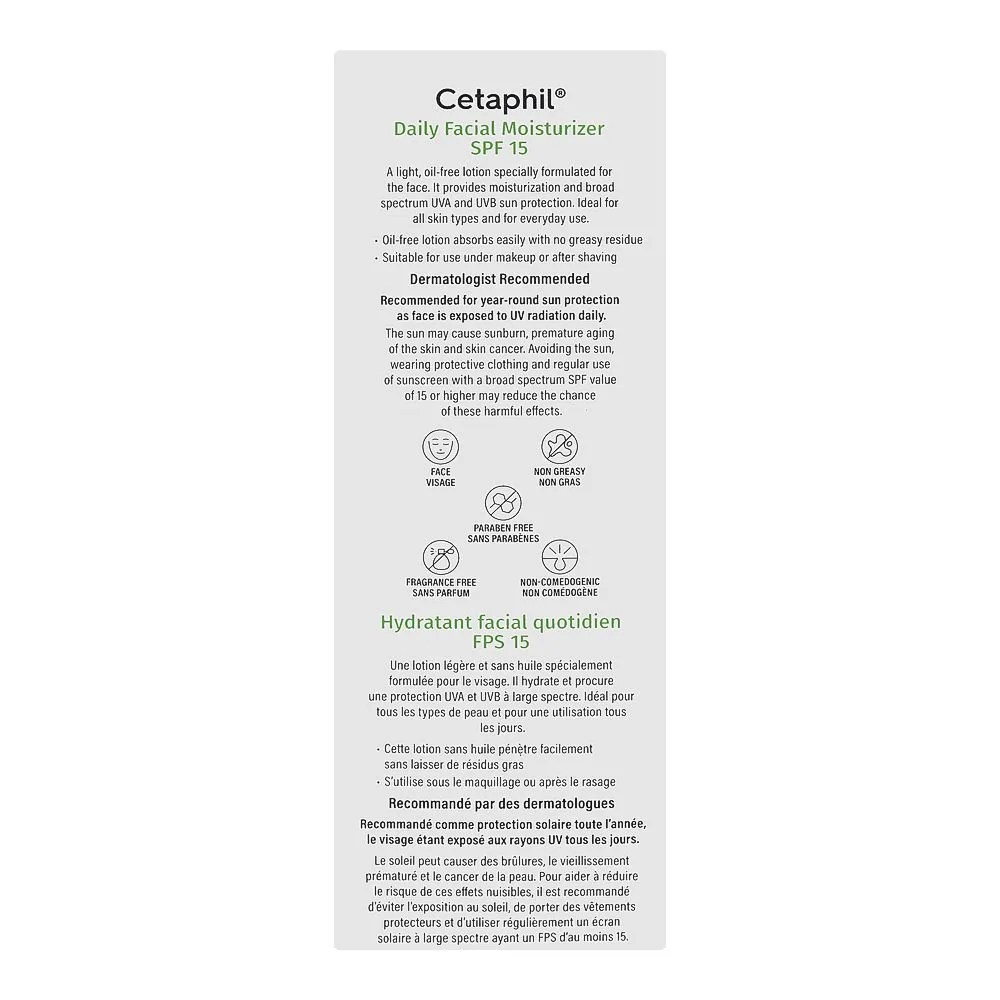 Side view of cetaphil daily facial moisturizer, paraben & fragrance free, spf 15, broad spectrum, all skin types, 120ml