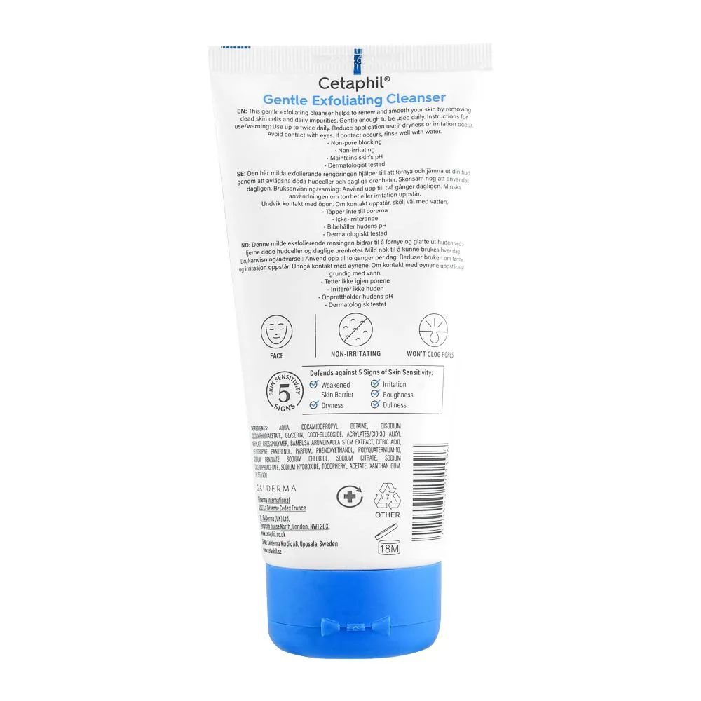 Side view of cetaphil gentle exfoliating cleanser, for dry, oily, combination skin, 178ml