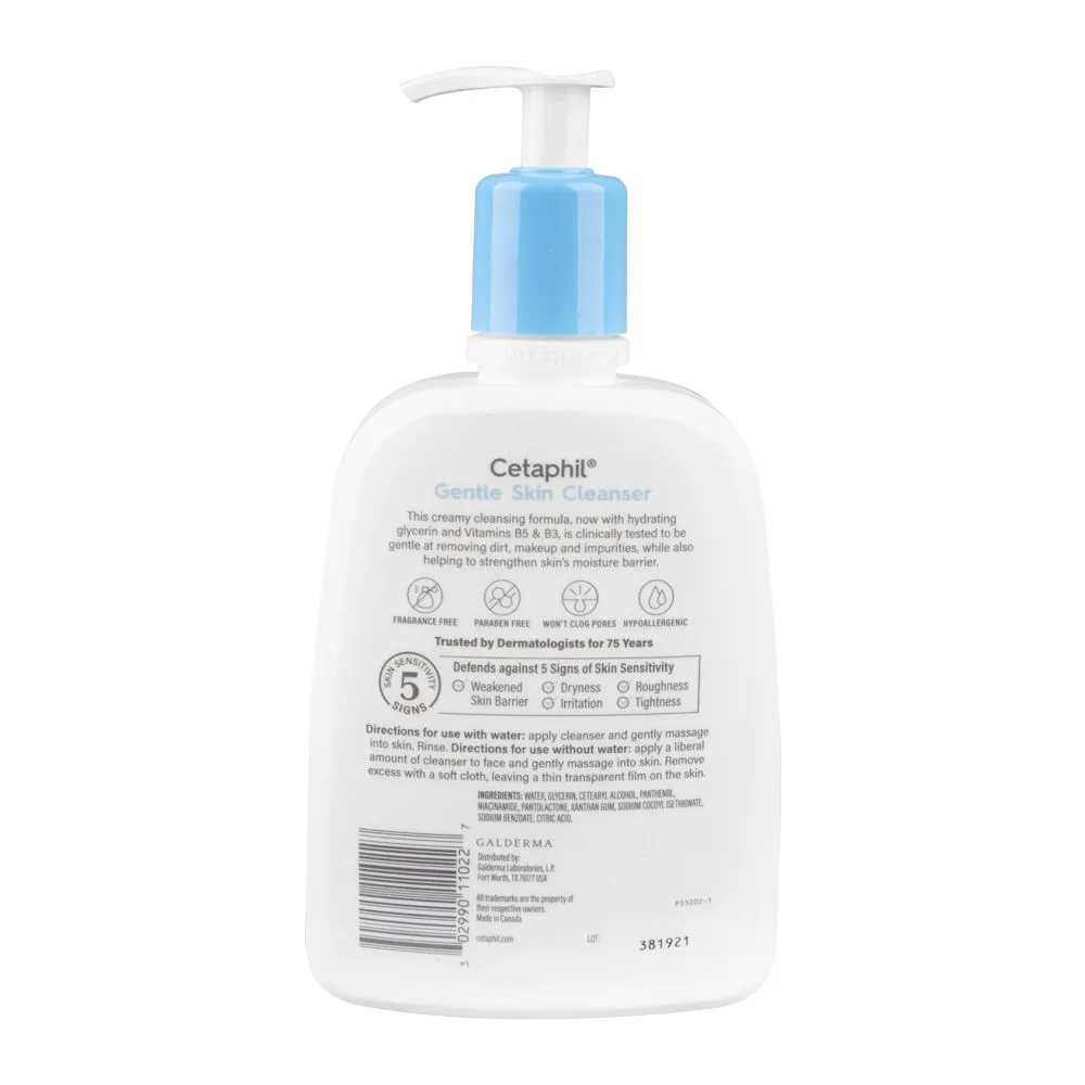 Side view of cetaphil gentle skin cleanser with vitamins & glycerin, for normal to dry, sensitive skin, 473ml