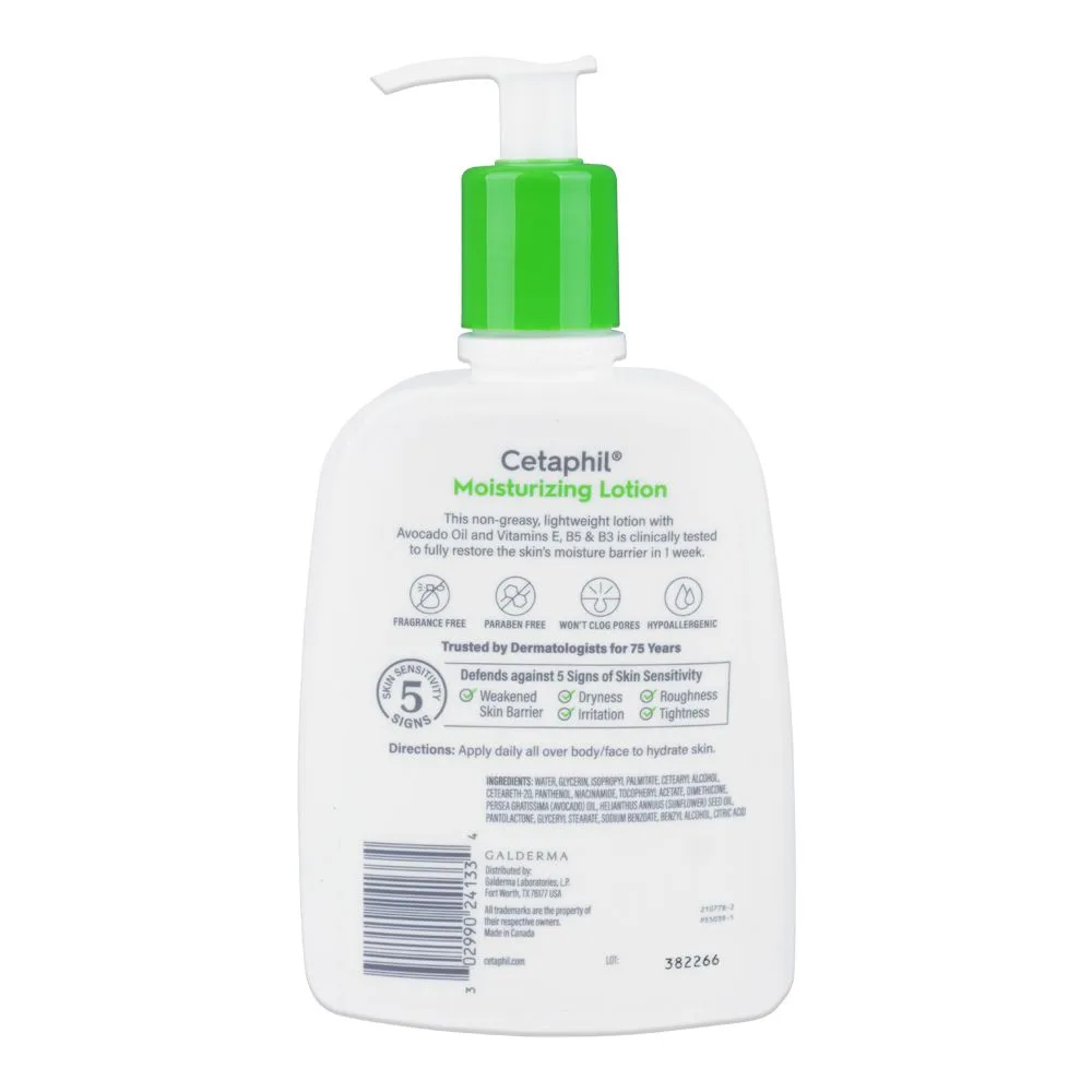 Side view of cetaphil lotion moisturizing dry to normal, for sensitive skin, 237ml