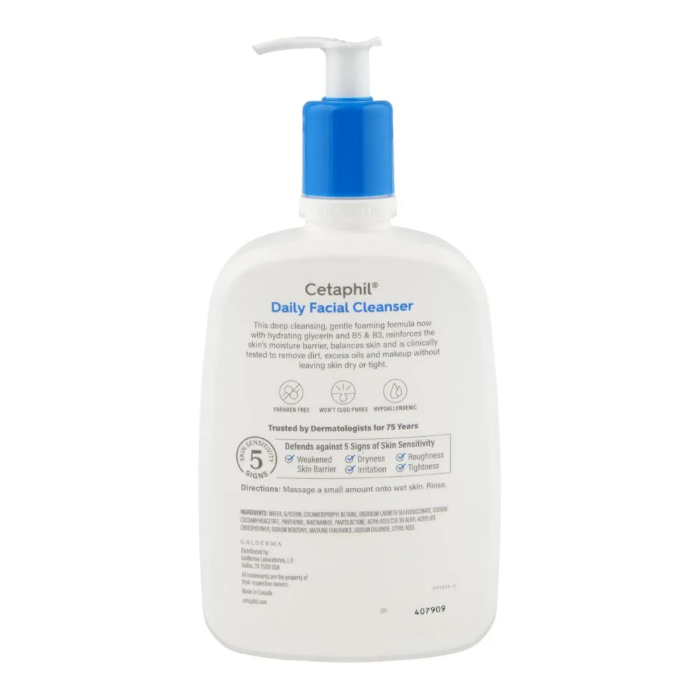 Side view of cetaphil normal to oily skin daily facial cleanser, glycerin, vitamin b3 & b5, for sensitive skin, 591ml
