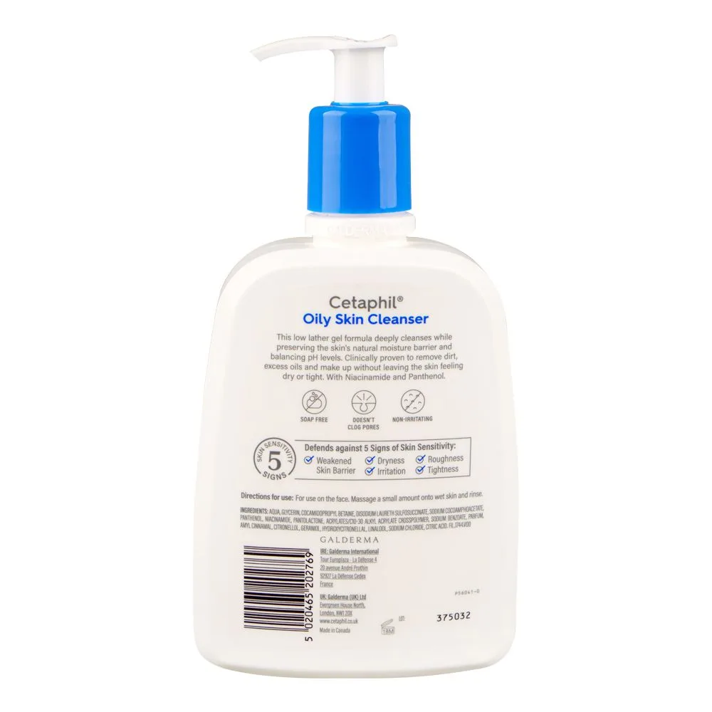 Side view of cetaphil oily skin cleanser with niacinamide, for combination & sensitive skin, 473ml