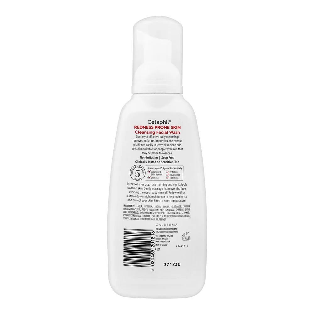 Side view of cetaphil redness-prone skin cleansing facial wash, face cleanser for sensitive skin, 236ml