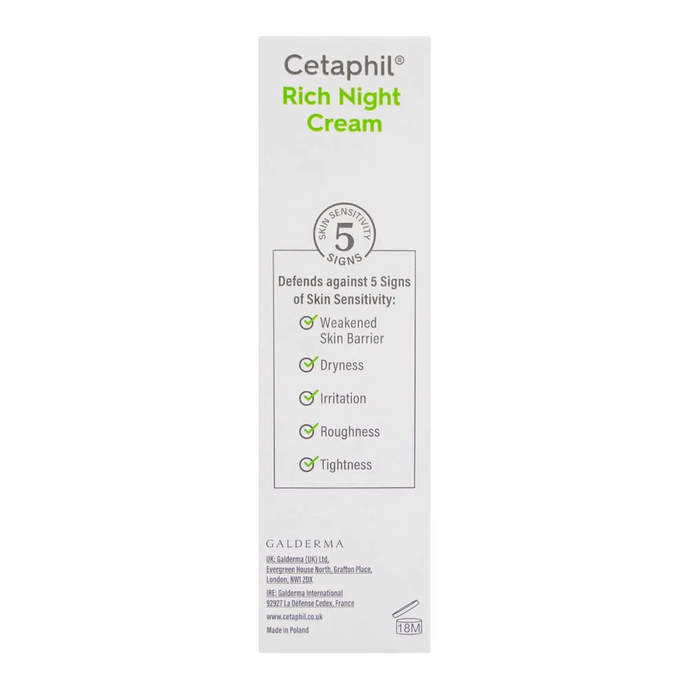 Side view of cetaphil rich night cream with niacinamide, for dry to very dry, sensitive skin, 50g