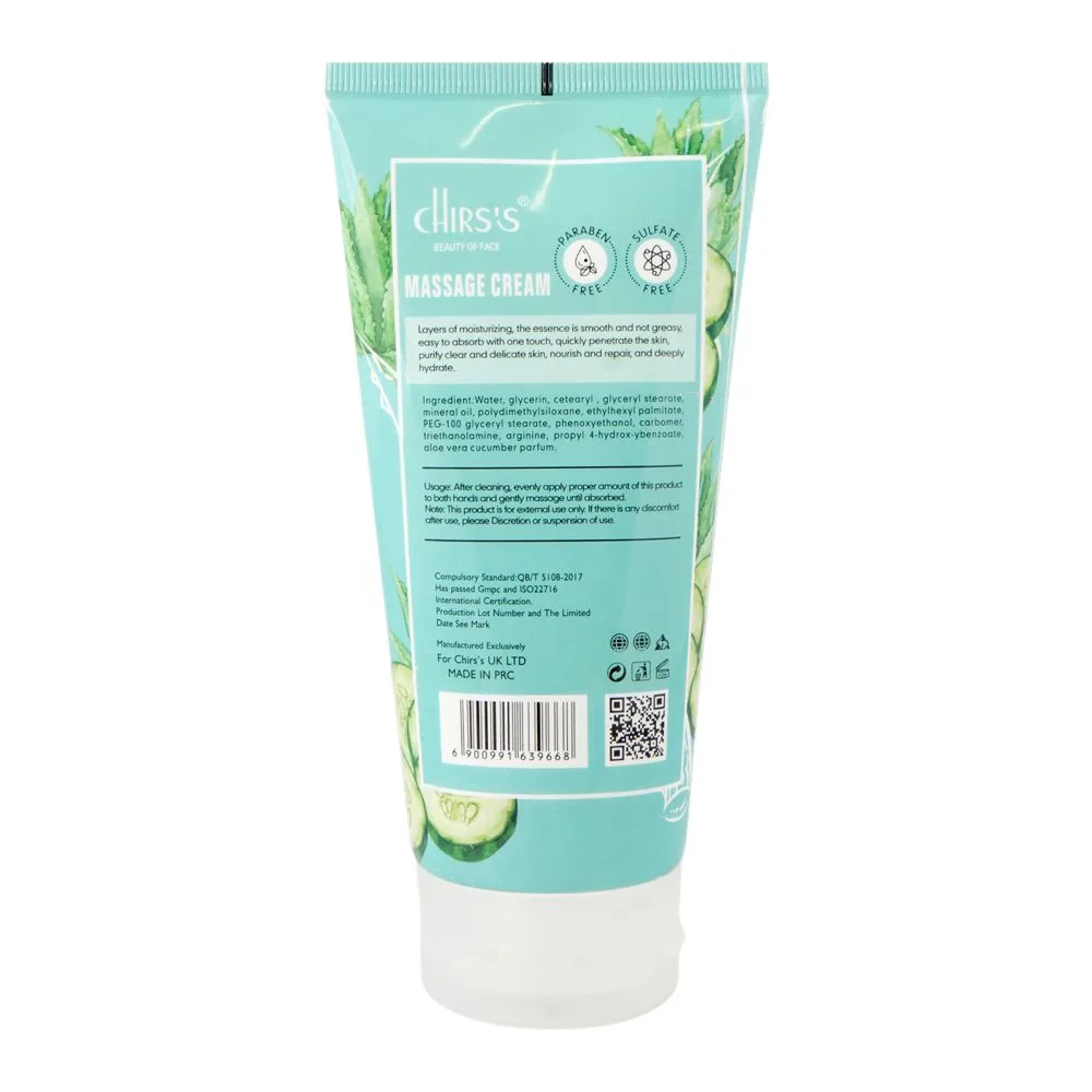 Side view of chirs's beauty of face aloe vera cucumber massage cream, paraben & sulfate free, for all types of skin, 170g