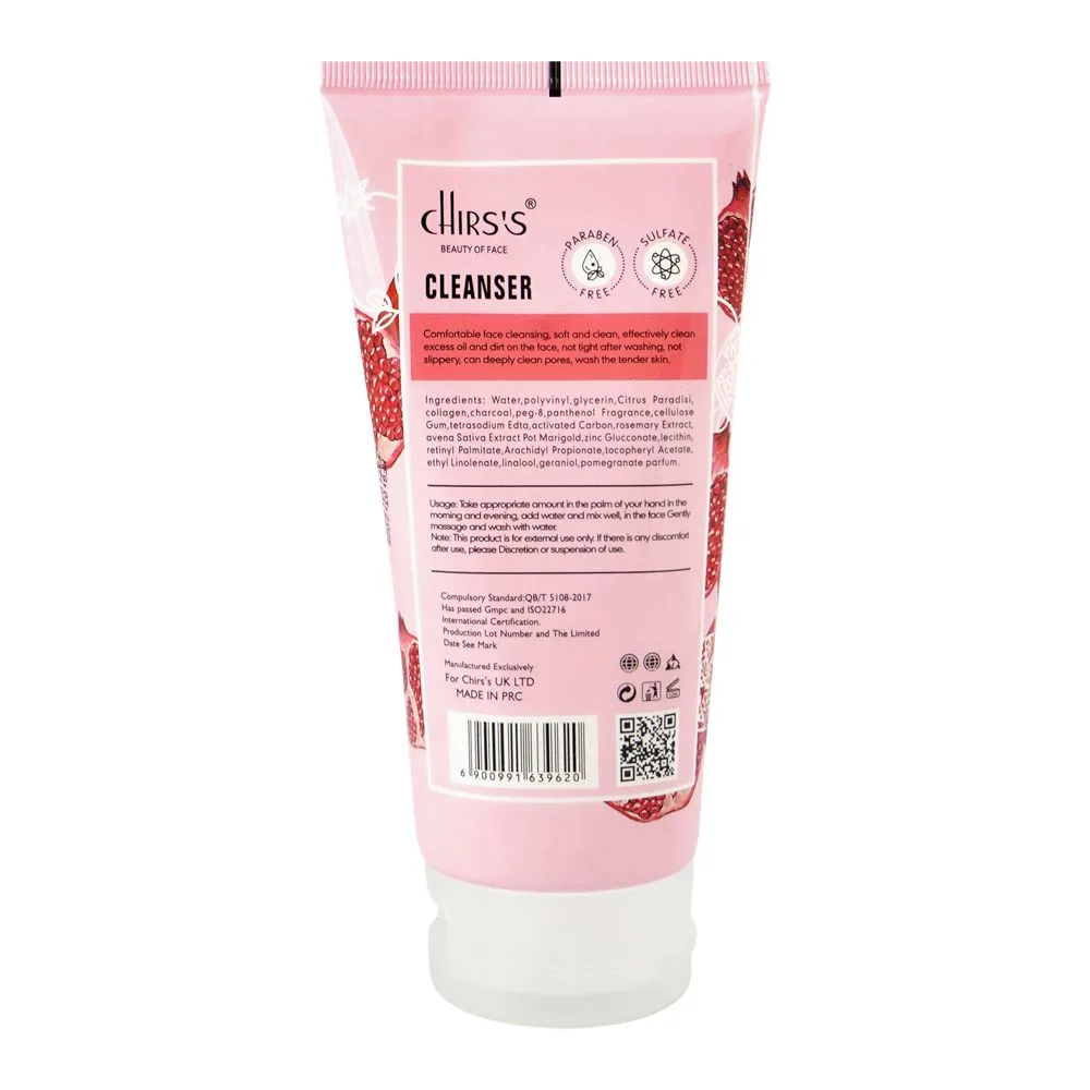 Side view of chirs's beauty of face pomegranate essence gentle cleansing & acne control cleanser, paraben & sulfate free, for all types of skin, 170g