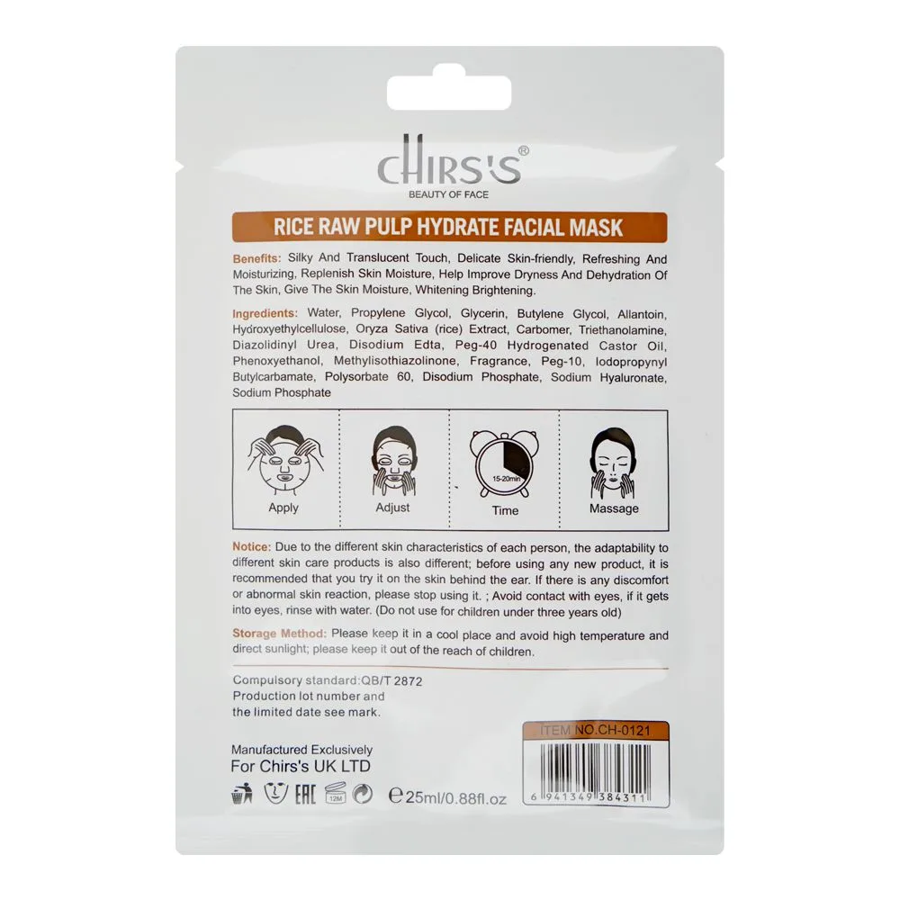 Side view of chirs's professional beauty of face rice raw pulp facial mask, glycol, glycerin, for all types of skin, 25ml