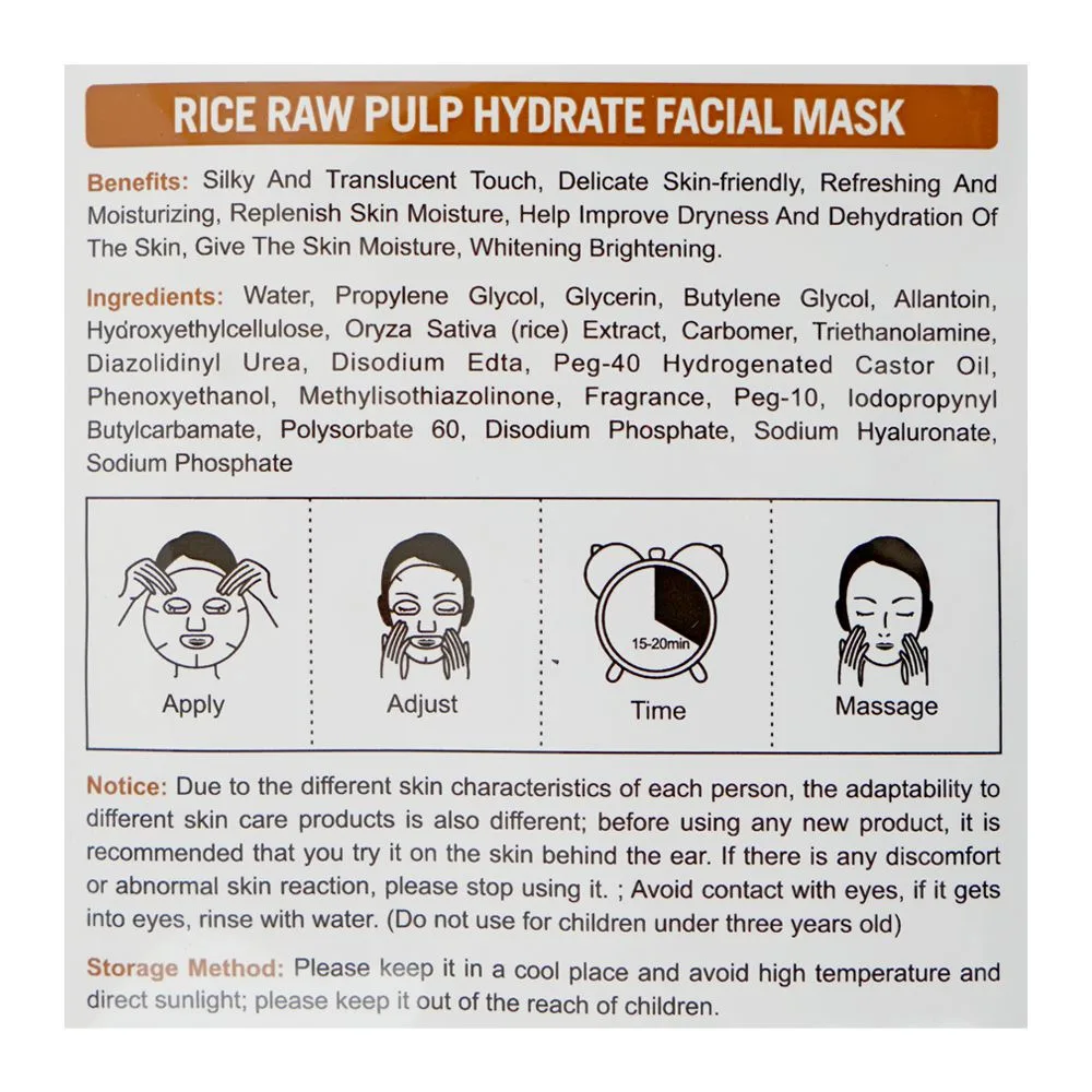 Comfortable casual chirs's professional beauty of face rice raw pulp facial mask, glycol, glycerin, for all types of skin, 25ml
