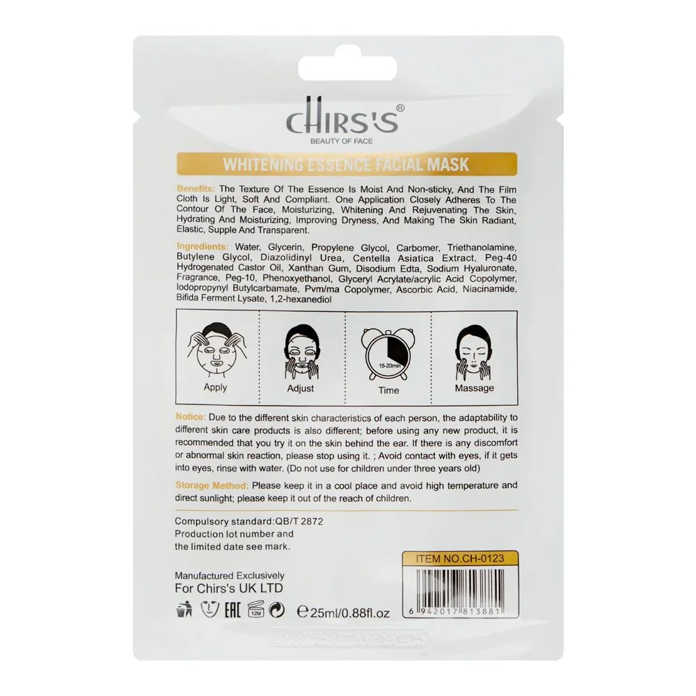Side view of chirs's professional beauty of face whitening essence facial mask, vitamin c, niacinamide, for skin whitening, 25ml