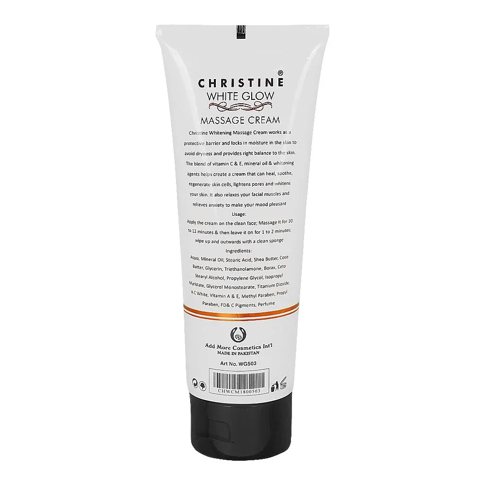 Side view of christine white glow massage cream, regenerate new cells, right balance for all skin types, 150g