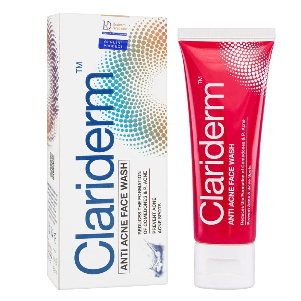 Side view of clariderm anti-acne face wash, for dry, combination and oily skin, 60ml