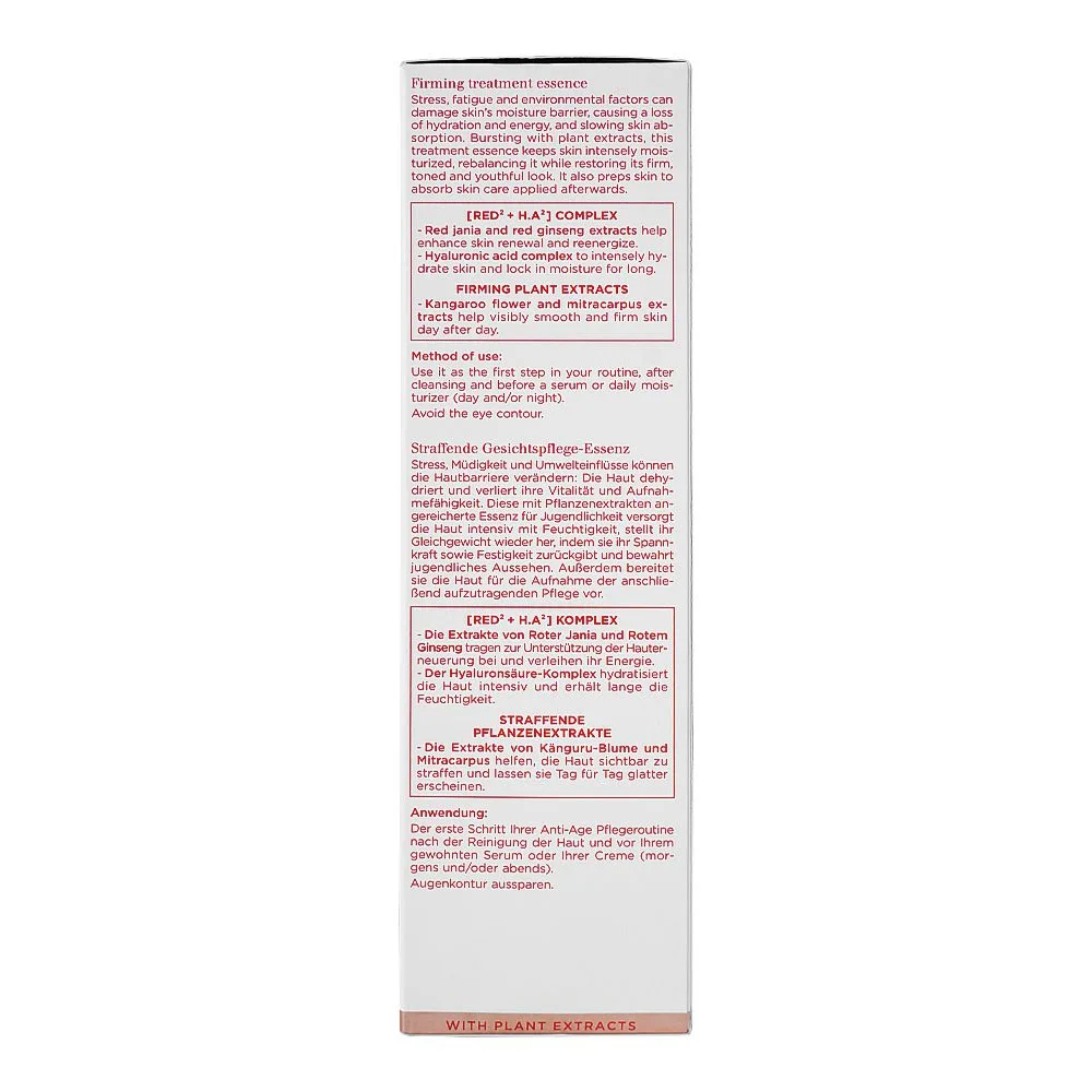 Side view of clarins extra-firming firming treatment essence, red² + h.a², 200ml