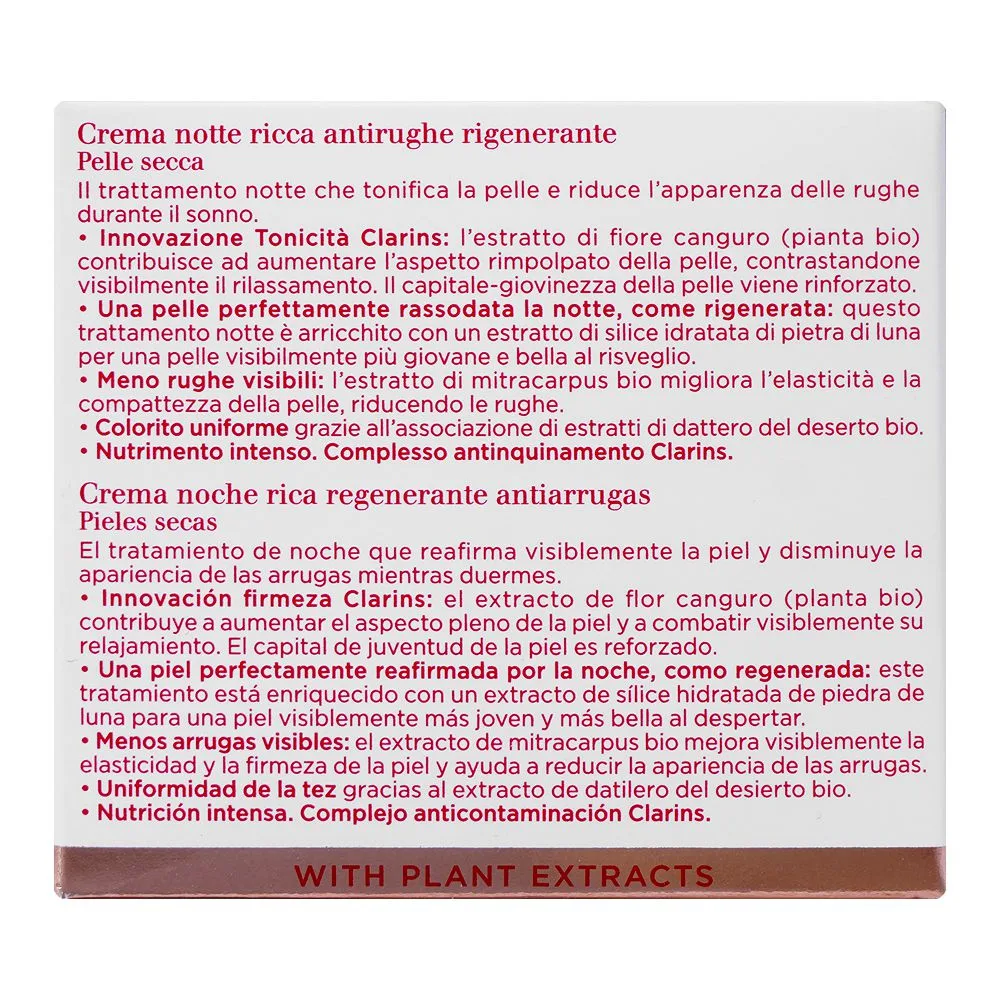 Side view of clarins extra-firming nuit wrinkle control, regenerating night rich cream, dry skin, 50ml