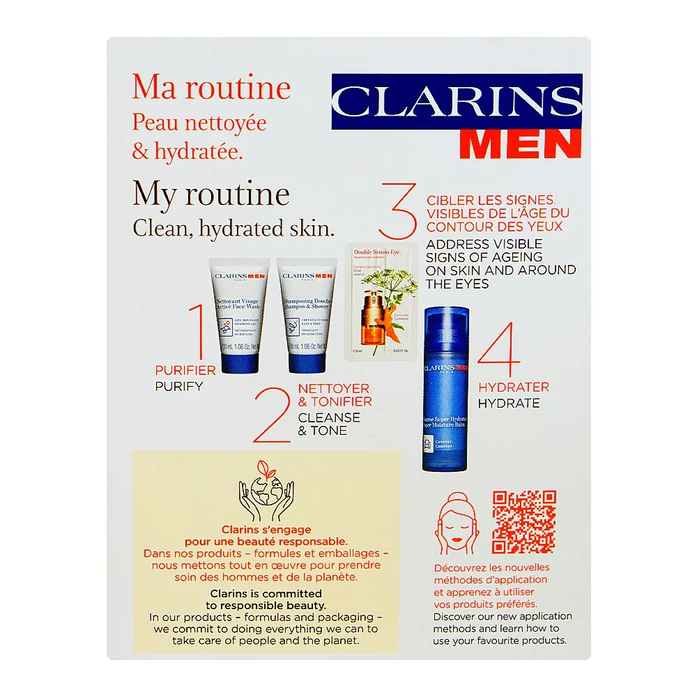 Side view of clarins men hydration essentials: face balm 50ml+face wash 30ml+2-in-1 shampoo & shower gel 30ml+eye serum 0.9ml, 4-pack