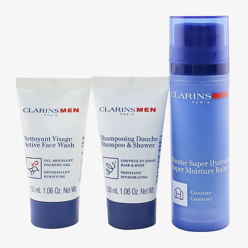 Comfortable casual clarins men hydration essentials: face balm 50ml+face wash 30ml+2-in-1 shampoo & shower gel 30ml+eye serum 0.9ml, 4-pack