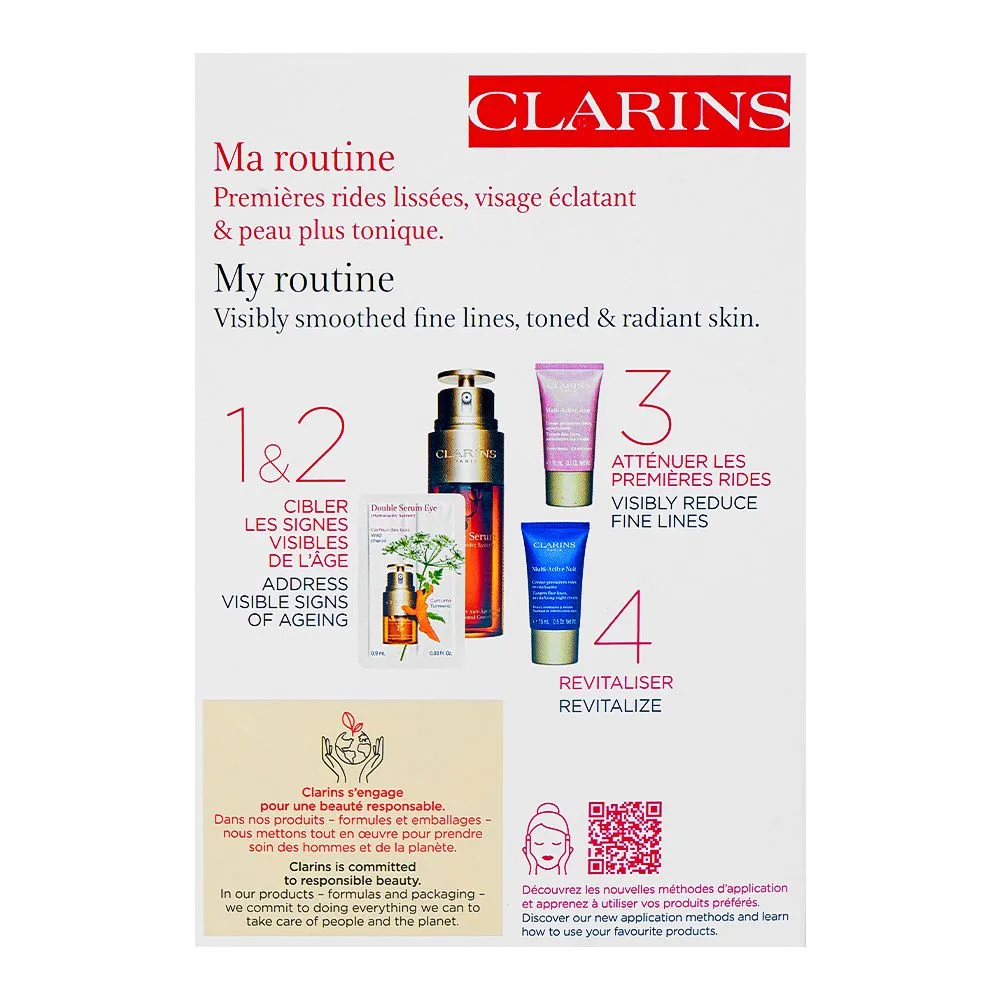 Side view of clarins paris age-defying set: face double serum 50ml+multi-active day & night cream 15ml+eye serum 0.9ml, 4-pack