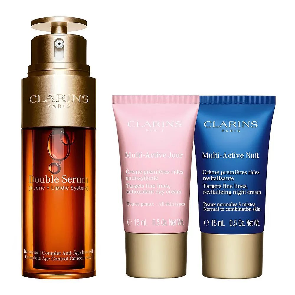 Comfortable casual clarins paris age-defying set: face double serum 50ml+multi-active day & night cream 15ml+eye serum 0.9ml, 4-pack