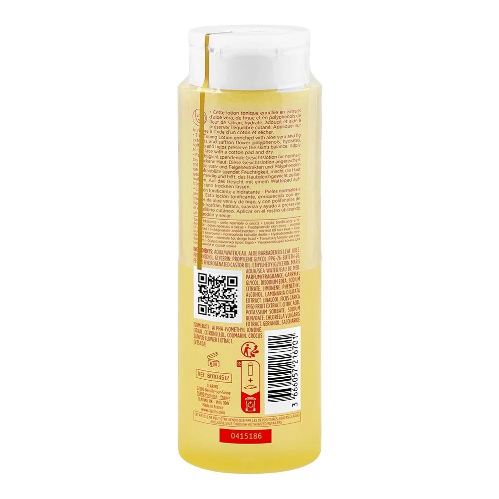 Side view of clarins paris aloe vera & saffron flower hydrating toning lotion, glycerin, citric acid, for normal to dry skin, 200ml