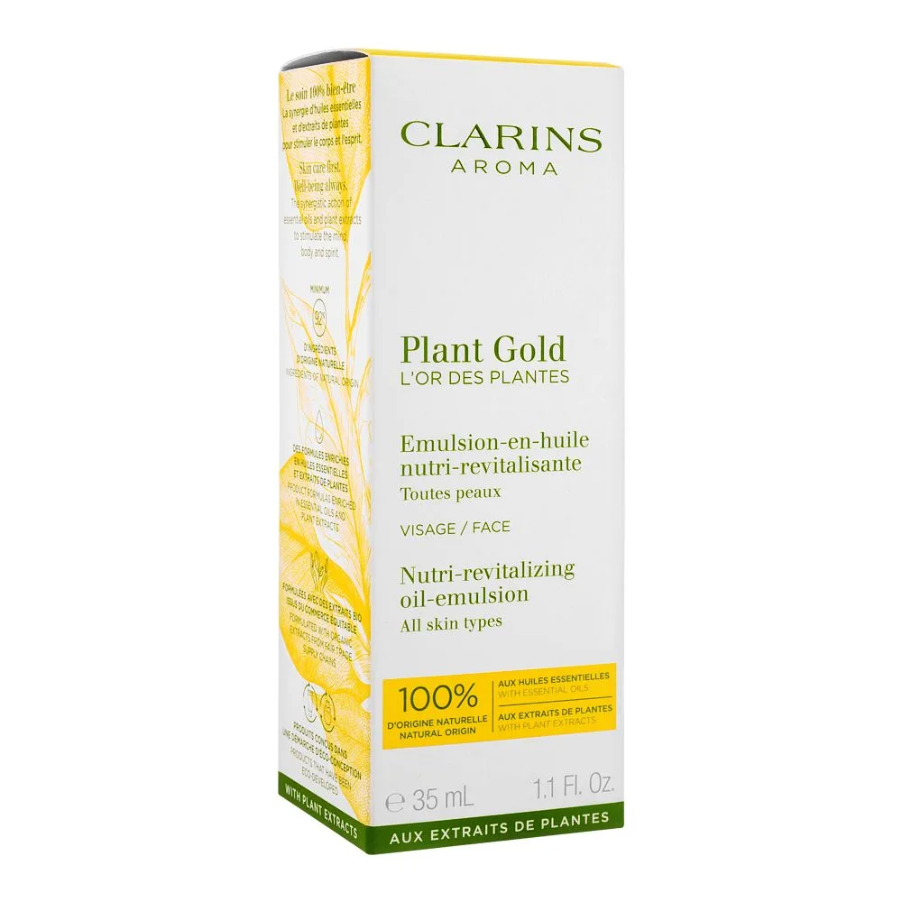 Side view of clarins paris aroma plant gold nutri-revitalizing oil-emulsion, all skin types, 35ml