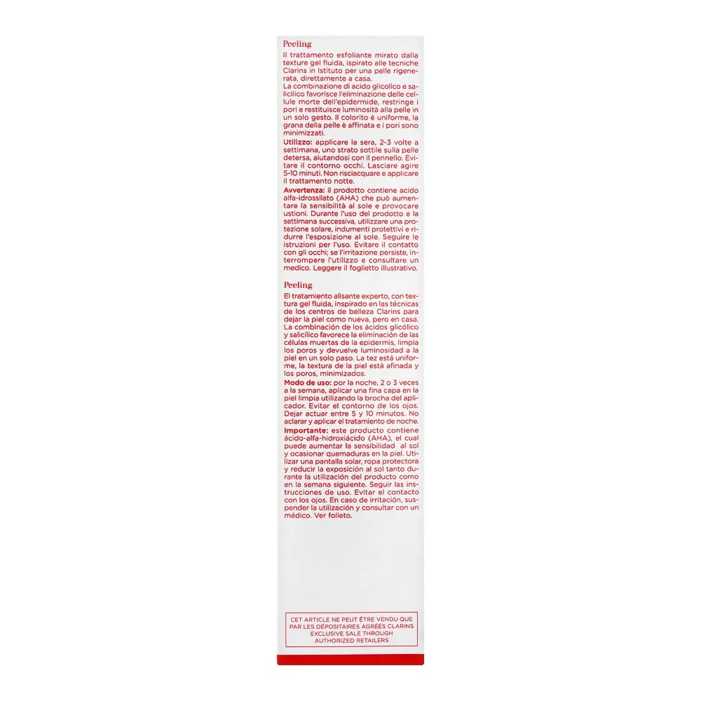 Close-up design of clarins paris beauty flash peel face gel, 50ml