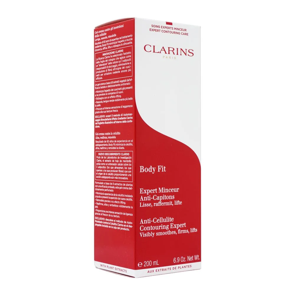 Side view of clarins paris body fit anti-cellulite contouring expert, 200ml