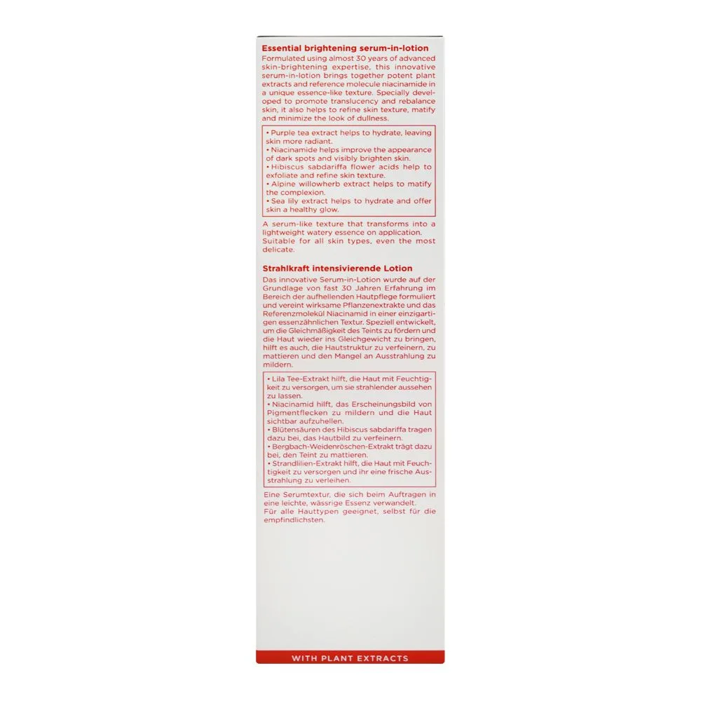 Side view of clarins paris bright plus advanced essential brightening lotion with serum, for all types of skin, 150ml