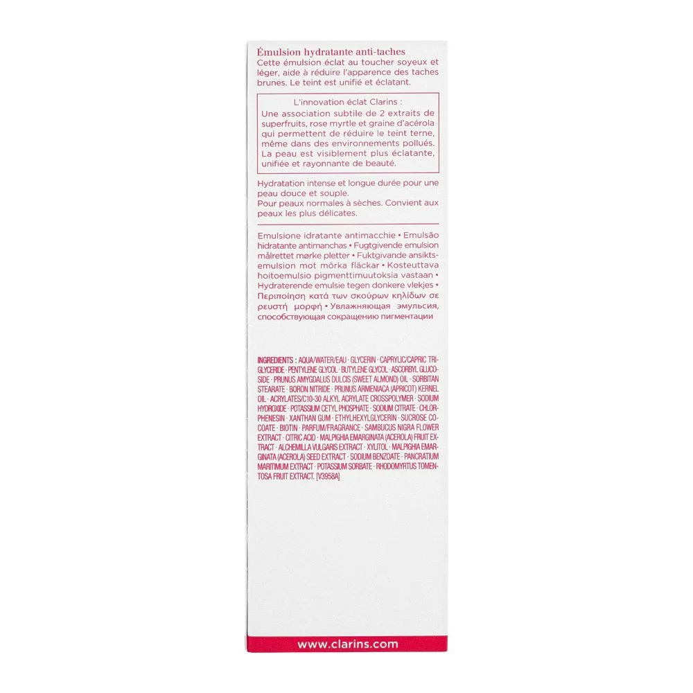 Side view of clarins paris bright plus dark sport-targeting moisturizing emulsion, 75ml