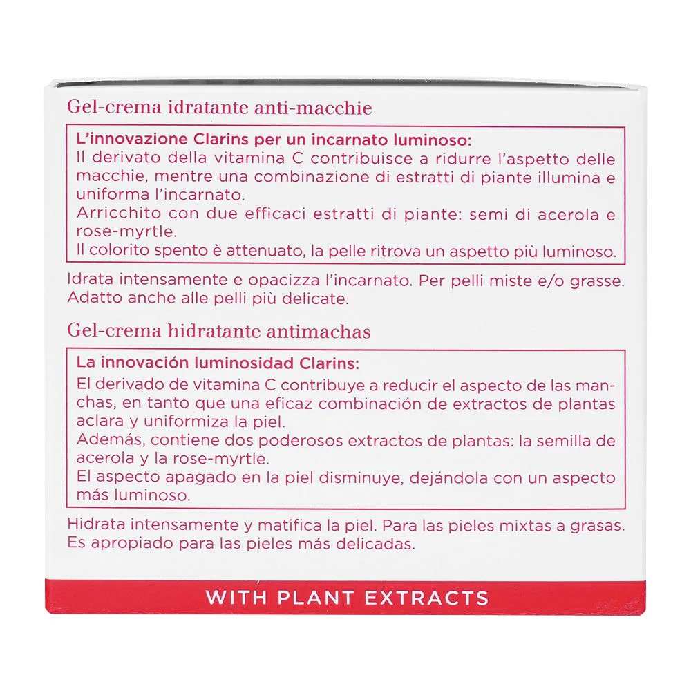 Side view of clarins paris bright plus, dark spot targeting moisturizing gel cream, 50ml