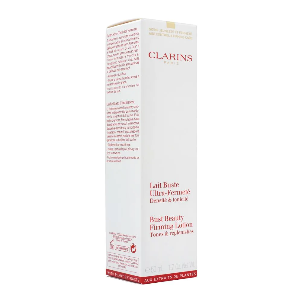 Side view of clarins paris bust beauty firming lotion, 50ml
