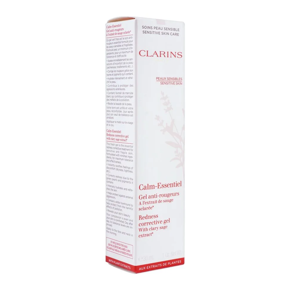 Side view of clarins paris calm-essentiel redness corrective gel, with clary sage extract, 30ml