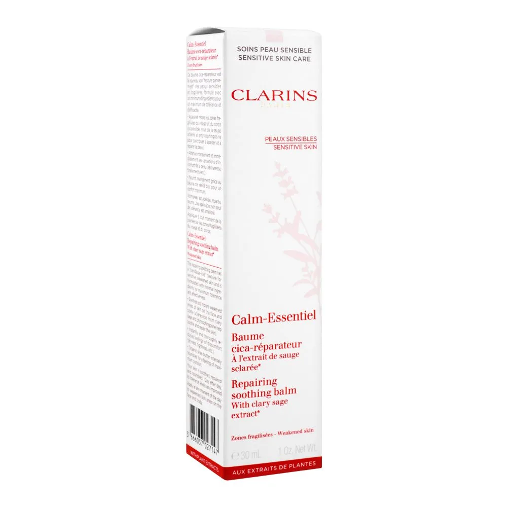 Side view of clarins paris calm essentiel repairing soohing balm 30ml