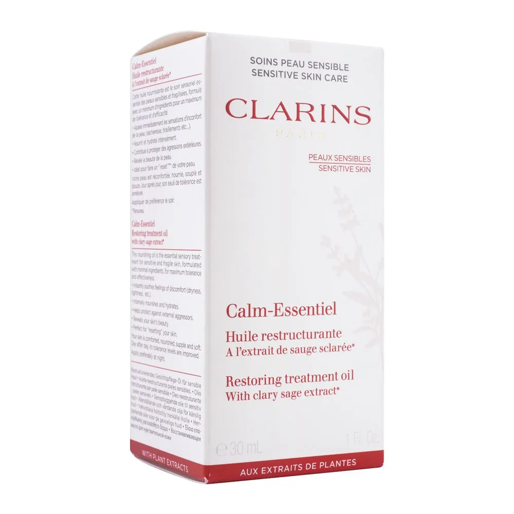 Side view of clarins paris calm-essentiel restoring treatment oil, with clary sage extract, 30ml