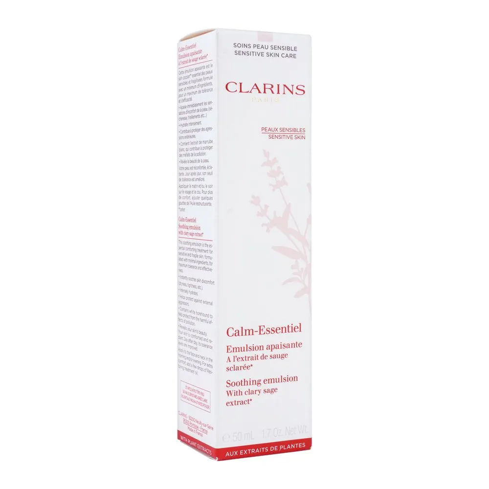 Side view of clarins paris calm-essentiel soothing emulsion, with clary sage extract, 50ml