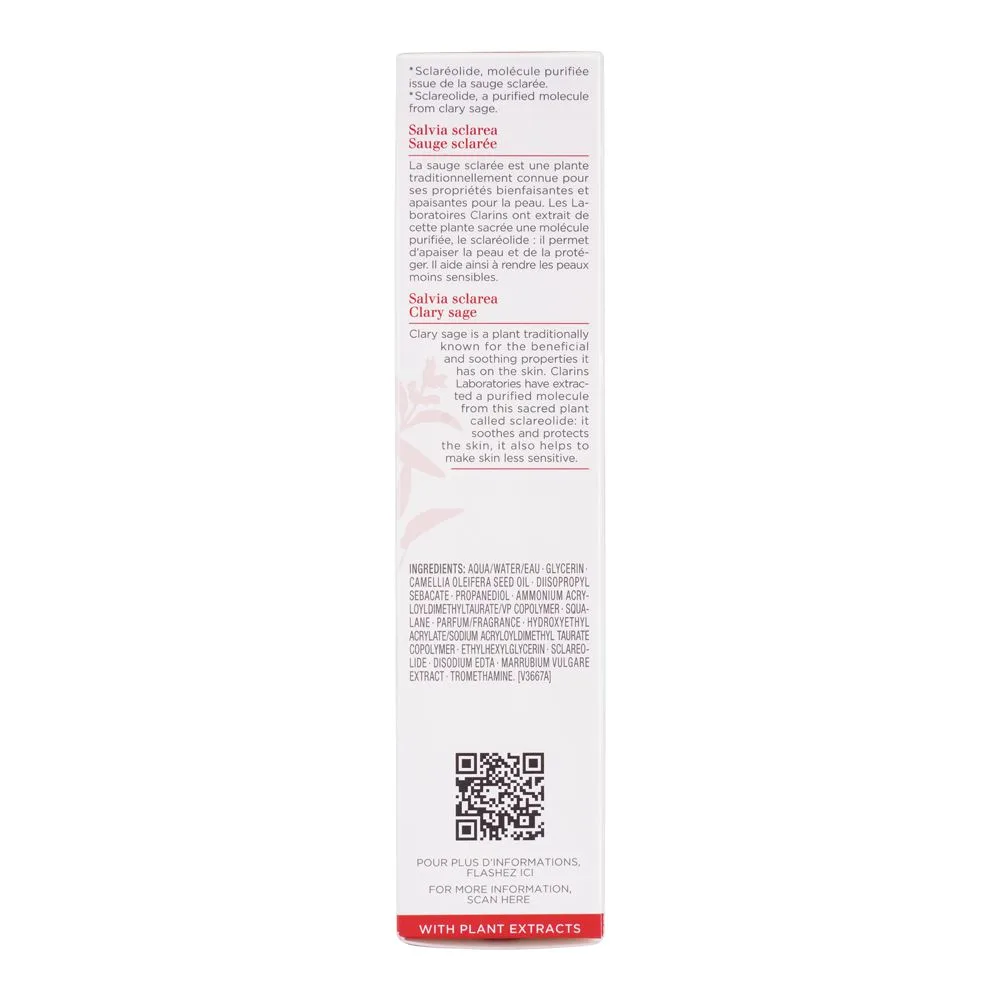 Close-up design of clarins paris calm-essentiel soothing emulsion, with clary sage extract, 50ml