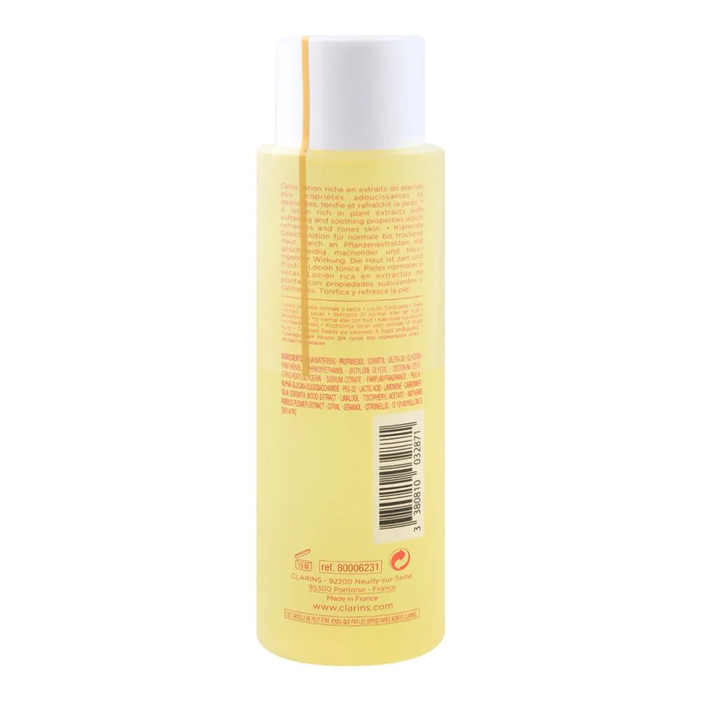 Side view of clarins paris camomile toning lotion, normal to dry skin, 200ml
