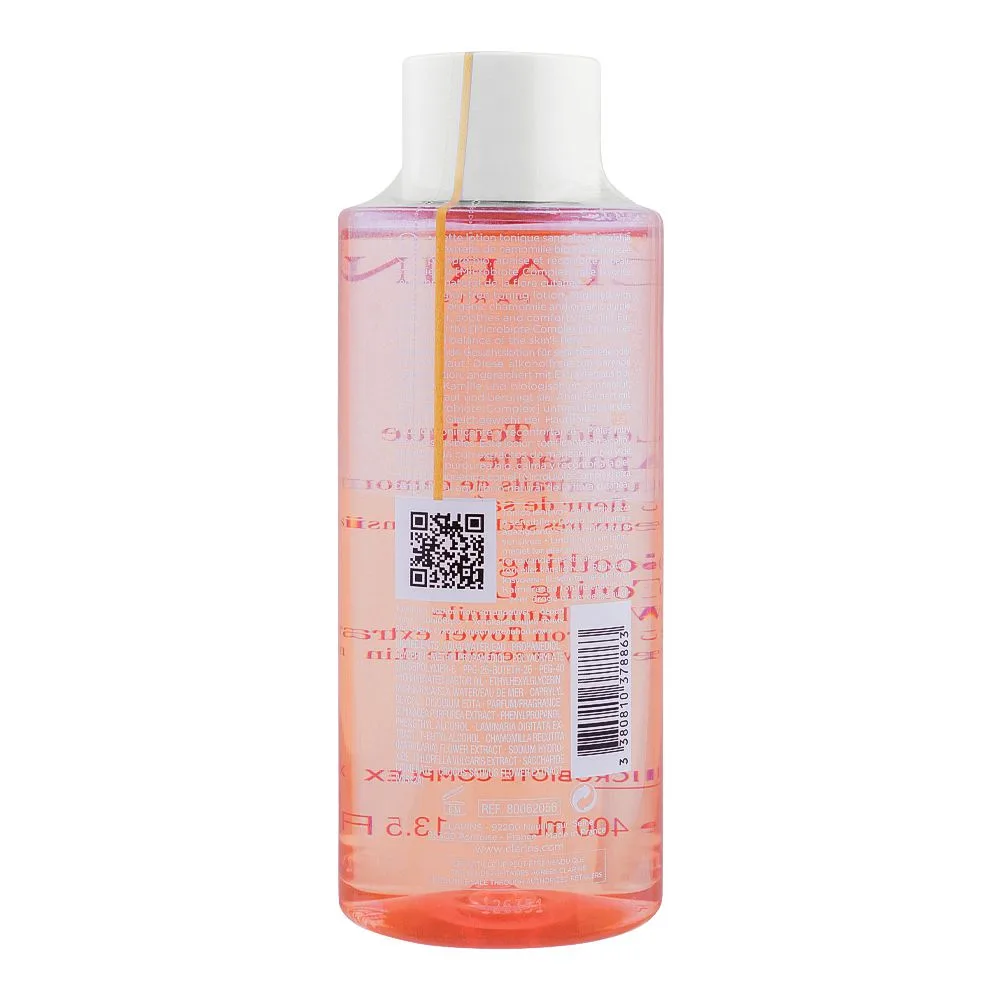 Side view of clarins paris chamomile & saffron flower extract soothing toning lotion, 400ml