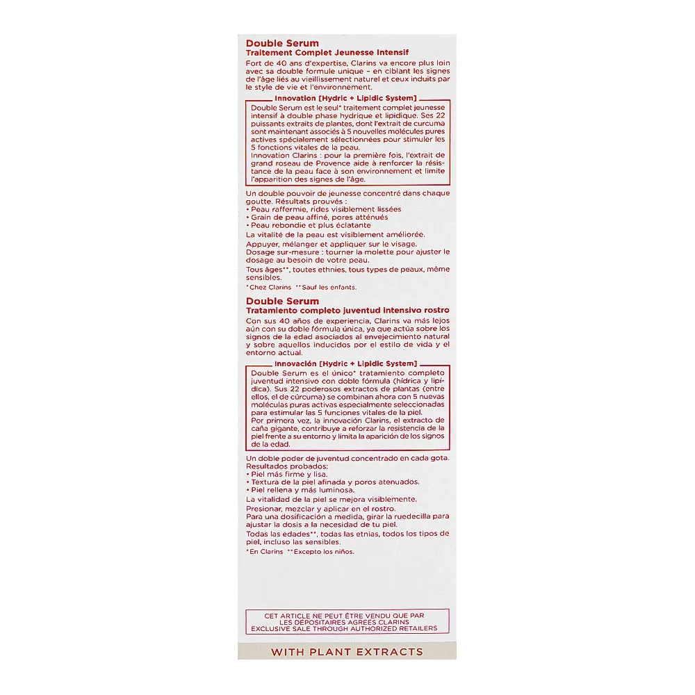 Close-up design of clarins paris double serum complete age-defying concentrate, hydric + lipidic system, for all types of skin, 50ml