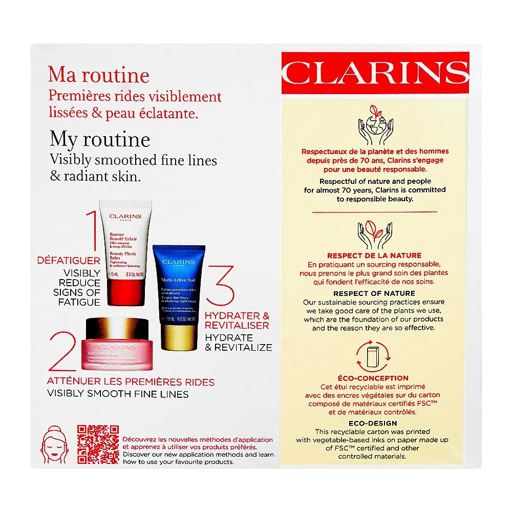 Side view of clarins paris essential care: beauty flash balm 15ml+multi-active day cream 50ml+night cream 15ml, 3-pack