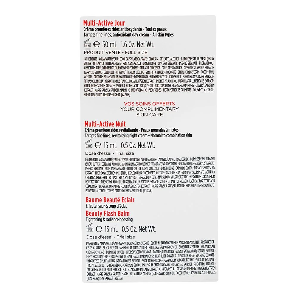 Close-up design of clarins paris essential care: beauty flash balm 15ml+multi-active day cream 50ml+night cream 15ml, 3-pack