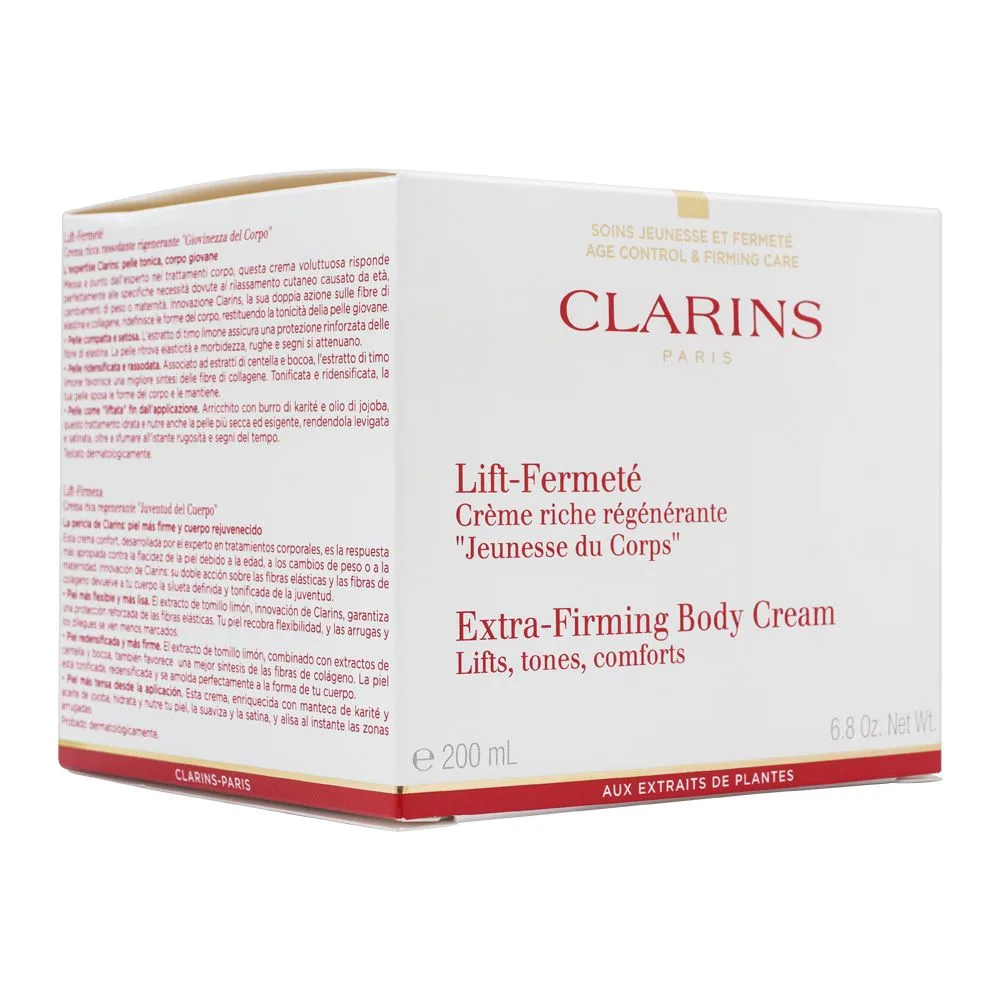 Side view of clarins paris extra-firming body cream, 200ml